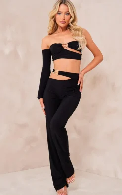 PrettyLittleThing Slinky Cut Out Bardot Long Sleeve Crop Top Black