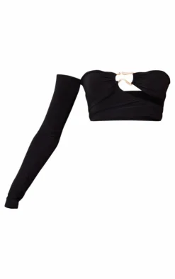 PrettyLittleThing Slinky Cut Out Bardot Long Sleeve Crop Top Black