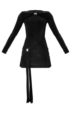 Slinky Cut Out Diamante Tie Detail Long Sleeve Bodycon Dress-PrettyLittleThing