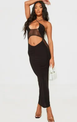 Slinky Cut Out Mesh Cup Halter Detail Maxi Dress-PrettyLittleThing Sale