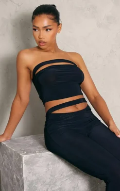 Sale PrettyLittleThing Slinky Cutout Crop Top Black