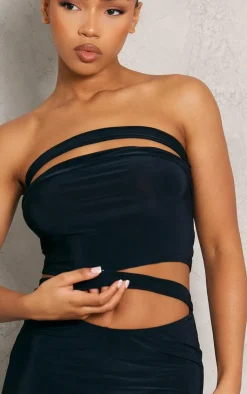 Sale PrettyLittleThing Slinky Cutout Crop Top Black