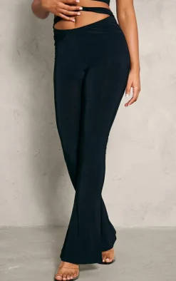 Discount PrettyLittleThing Slinky Cutout Foldover Skinny Flare Pants Black