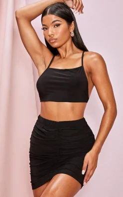 Online PrettyLittleThing Slinky Double Ruched Seam Mini Skirt Black