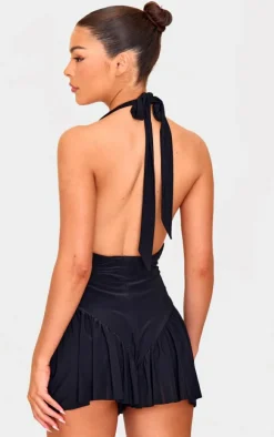 Black Slinky Drop Waist Plunge Romper