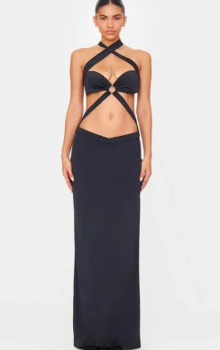Slinky Extreme Cut Out Ring Detail Cross Neck Maxi Dress-PrettyLittleThing Clearance