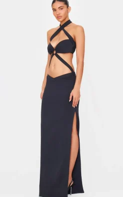 Slinky Extreme Cut Out Ring Detail Cross Neck Maxi Dress-PrettyLittleThing Clearance