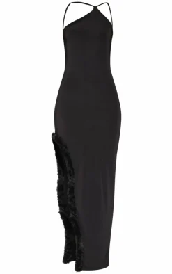 Slinky Halter Neck Faux Feather Trim Maxi Dress-PrettyLittleThing Discount