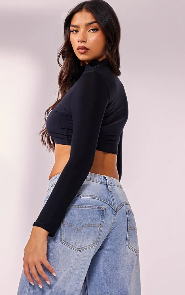 Black Slinky High Neck Long Sleeve Crop Top