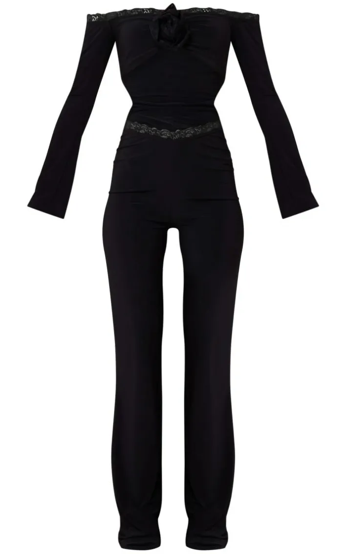 Black Slinky Lace Cut Out Corsage Bardot Jumpsuit