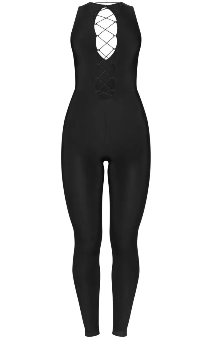 Black Slinky Lace Up Detail Jumpsuit