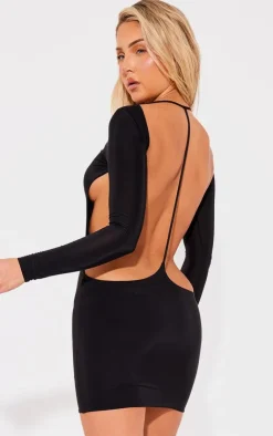 Slinky Long Sleeve Open Twist Back Mini Dress-PrettyLittleThing Outlet