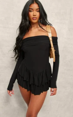 Black Slinky Long Sleeve Bardot Rara Skort Romper