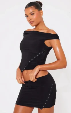 Hot PrettyLittleThing Slinky Low Rise Slit Hem Eyelet Detail Micro Mini Skirt Black
