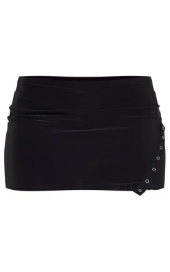 Hot PrettyLittleThing Slinky Low Rise Slit Hem Eyelet Detail Micro Mini Skirt Black