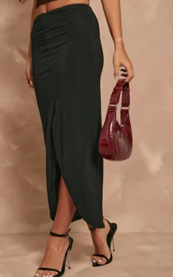 Hot PrettyLittleThing Slinky Low Rise Split Front Midaxi Skirt Black