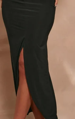 Hot PrettyLittleThing Slinky Low Rise Split Front Midaxi Skirt Black