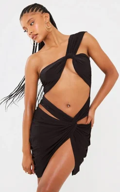 Slinky One Shoulder Twist Skirt Extreme Cut Out Bodycon Dress-PrettyLittleThing Clearance