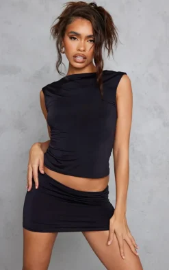 Clearance PrettyLittleThing Slinky Open Back Cap Sleeve Longline Top Black