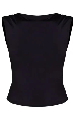Clearance PrettyLittleThing Slinky Open Back Cap Sleeve Longline Top Black