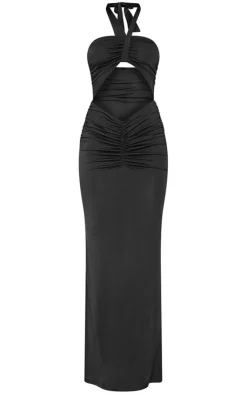 Slinky Ruched Cut Out Halter Knot Detail Maxi Dress-PrettyLittleThing
