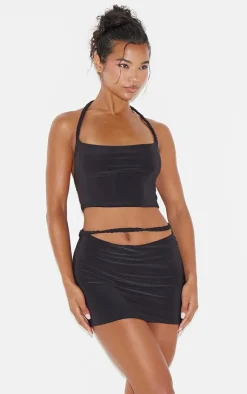 Best PrettyLittleThing Slinky Ruched Front Micro Mini Skirt Black
