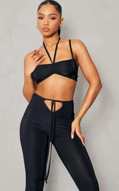 Outlet PrettyLittleThing Slinky Ruched Strappy Halterneck Detailed Bralet Black