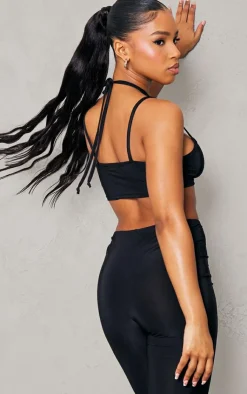 Outlet PrettyLittleThing Slinky Ruched Strappy Halterneck Detailed Bralet Black