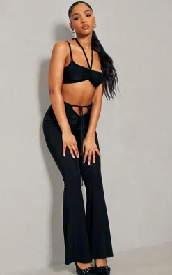 Outlet PrettyLittleThing Slinky Ruched Strappy Halterneck Detailed Bralet Black