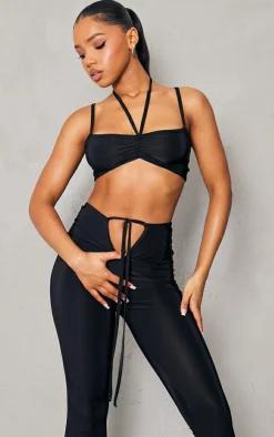 Outlet PrettyLittleThing Slinky Ruched Strappy Halterneck Detailed Bralet Black