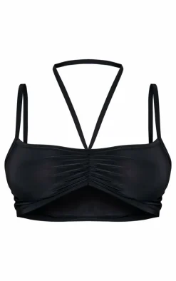 Outlet PrettyLittleThing Slinky Ruched Strappy Halterneck Detailed Bralet Black