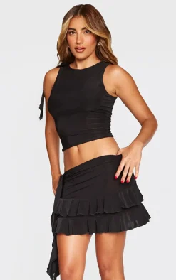 Online PrettyLittleThing Slinky Ruffle Detail Top Black