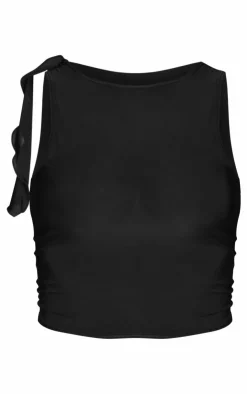 Online PrettyLittleThing Slinky Ruffle Detail Top Black