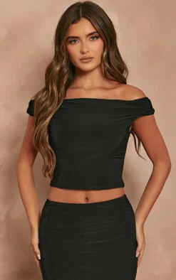 Sale PrettyLittleThing Slinky Slash Neck Off The Shoulder Top Black