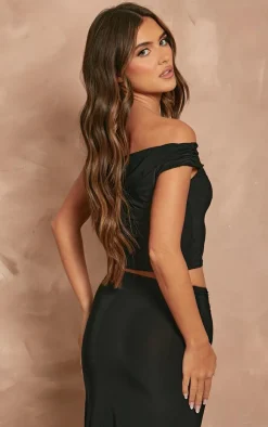 Sale PrettyLittleThing Slinky Slash Neck Off The Shoulder Top Black