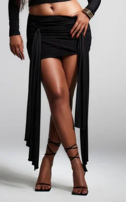 Online PrettyLittleThing Slinky Tie Knot Detail Mini Skirt Black