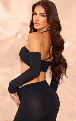 Best PrettyLittleThing Slinky Twist Front Long Sleeve Bardot Top Black