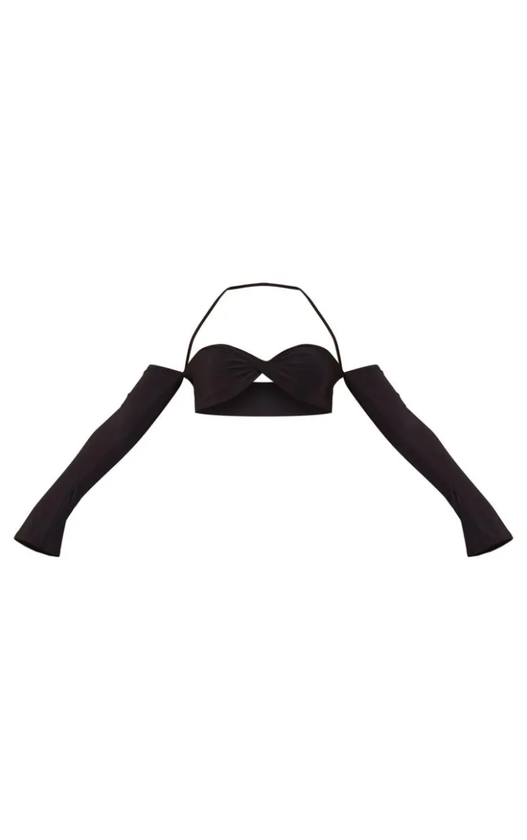 Best PrettyLittleThing Slinky Twist Front Long Sleeve Bardot Top Black