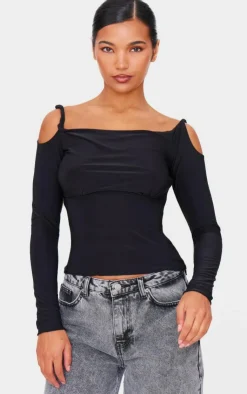 PrettyLittleThing Blouses*Slinky Twist Shoulder Detail Cut Out Top