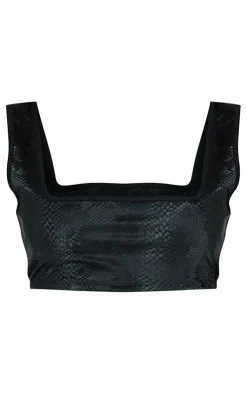 Best PrettyLittleThing Snakeskin Matte Vinyl Square Neck Crop Top Black