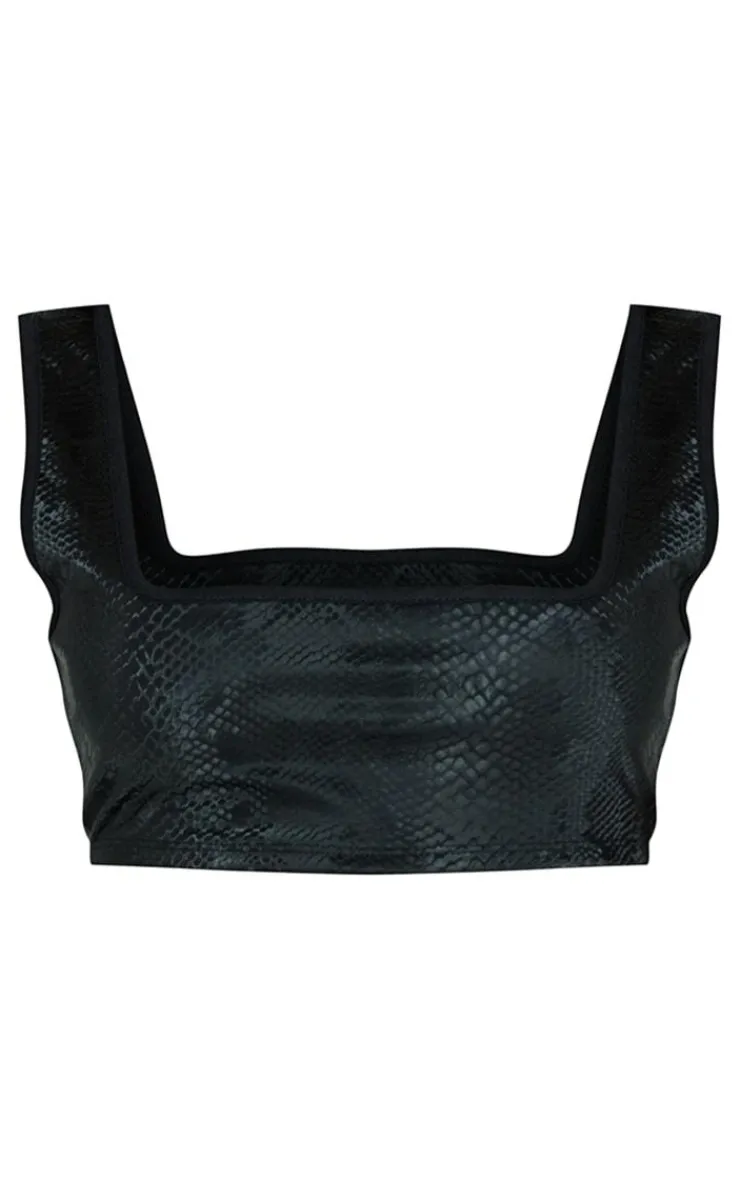 Best PrettyLittleThing Snakeskin Matte Vinyl Square Neck Crop Top Black