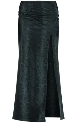 Outlet PrettyLittleThing Snakeskin Matte Vinyl Extreme Split Midaxi Skirt Black