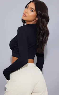 PrettyLittleThing Snatched*Snatched Rib Button Collar Long Sleeve Crop Top
