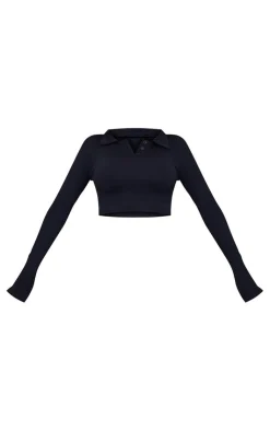 PrettyLittleThing Snatched*Snatched Rib Button Collar Long Sleeve Crop Top