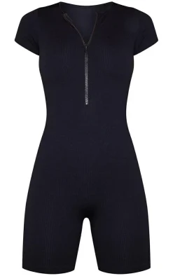 PrettyLittleThing Unitards*Snatched Rib Short Sleeve Zip Front Unitard