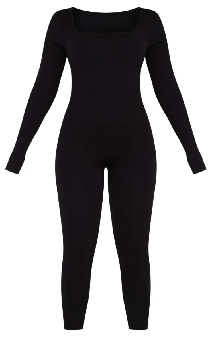 PrettyLittleThing Snatched*Snatched Rib Square Neck Long Sleeve Jumpsuit