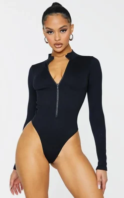 PrettyLittleThing Snatched*Snatched Rib Zip Up Long Sleeve Bodysuit
