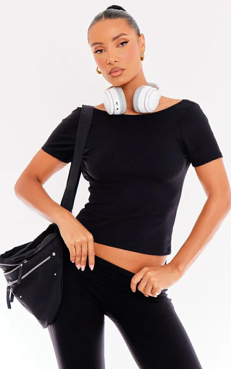 Sale PrettyLittleThing Snatched Sculpt Cap Sleeve Tee Black