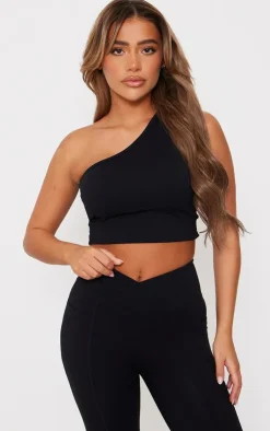 Hot PrettyLittleThing Snatched Sculpt Strappy One Shoulder Crop Top Black