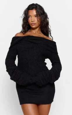 PrettyLittleThing Knitted Tops*Soft Bobble Knit Bardot Foldover Top